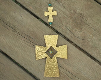 Cross Home Decor - Brass Cross Wall Hanging - Rustic Metal Cross Decoration -Decorative Cross Wall Art -Christian Gift Housewarming