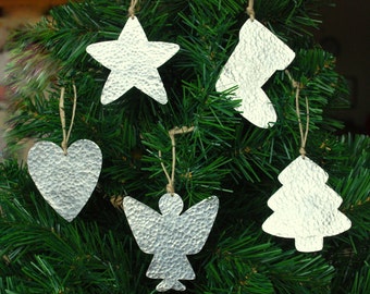 Silver Christmas Decorations 5 Handmade Primitive Cottage Chic Metal Christmas Ornaments - Christmas Tree Ornaments - Xmas Decor