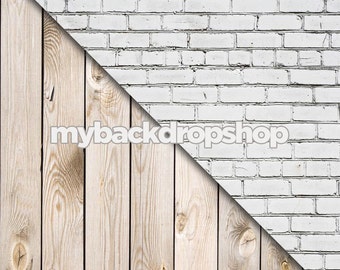 Combo - Two 3ft x 3ft Vinyl or Poly Photography Backdrop and Floor Drop - White Brick Wall / White Wood - Items 1444 & 157