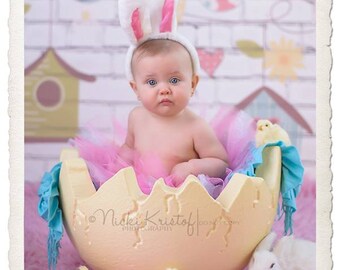 6ft x 6ft Easter Photography Backdrop - Birdhouses on String on White Brick Backdrop - Exclusive Design - Item 1829