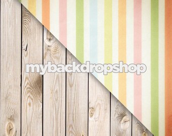 Combo - Two 5ft x 5ft Vinyl or Poly Photography Backdrop and Floor Drop - Pastel Stripe / White Plank Wood Floor - Items 622 & 157