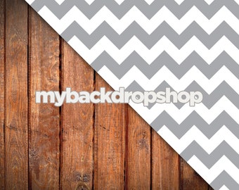 Combo - Two 5ft x 5ft Vinyl or Poly Photography Backdrop and Floor Drop - Gray Chevron / Dark Wood Plank Floor - Items 1170 & 1111