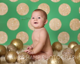 7ft x 7ft Christmas Photography Backdrop - Green and Gold Glitter Dot Backdrop - Polka Dots - Exclusive Design - Item 2129