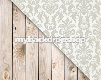 Combo - Two 5ft x 5ft Vinyl or Poly Photography Backdrop and Floor Drop - Gray Damask / Weathered White Wood Plank Floor - Items 626 & 157