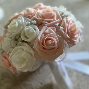 Blush Pink and White 12&quot; Wedding Quinceanera bouquet, real touch roses, pearls, lace, tulle, Sweet 16, XV, Bridesmaids, artificial flowers