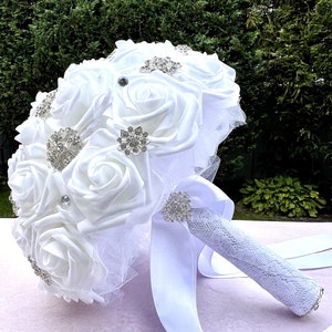 Brides White Bling bouquet, 11 inch bouquet, Quinceanera flowers, real touch roses, bling brooch bouquet, artificial flower bouquet Wedding