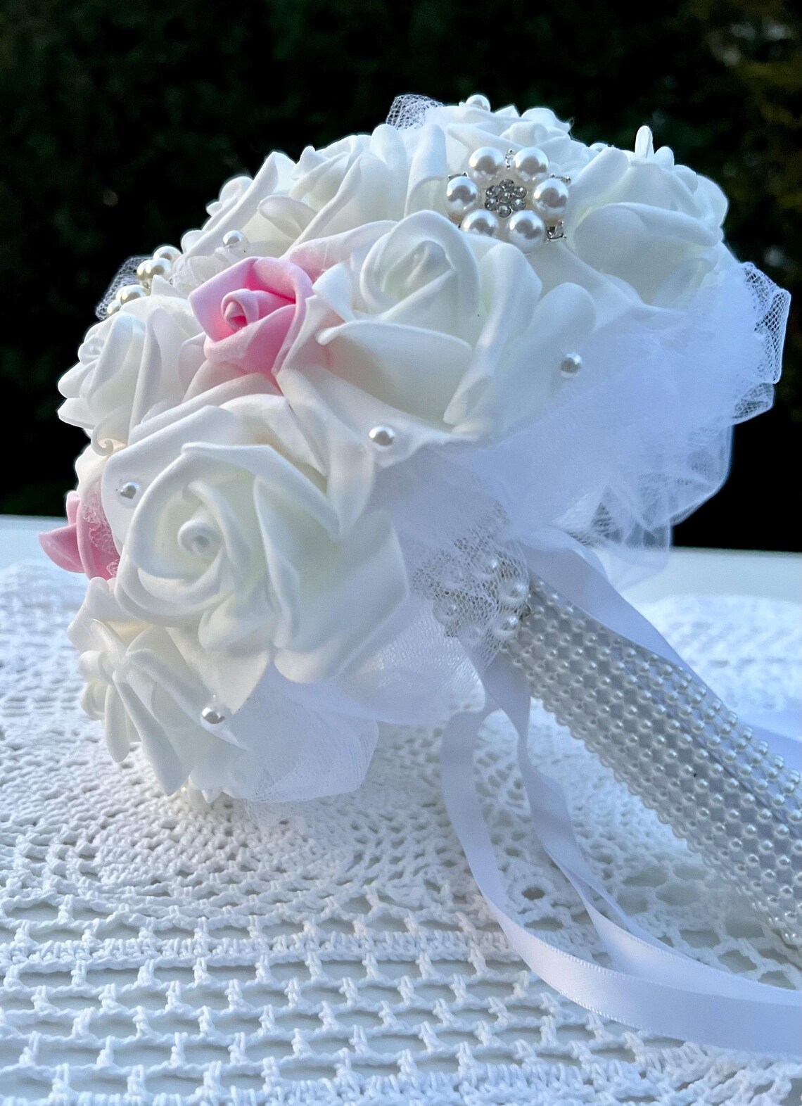 First Communion Brooch 1st Holy Communion White 9 In. Brooch Bouquet Pink Rosebuds, Real Touch ...