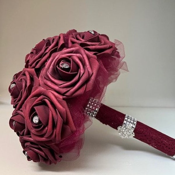 Burgundy brooch bouquet, Quince bouquet, Bridesmaid bouquet, bling bouquet, real touch roses, Prom, XV