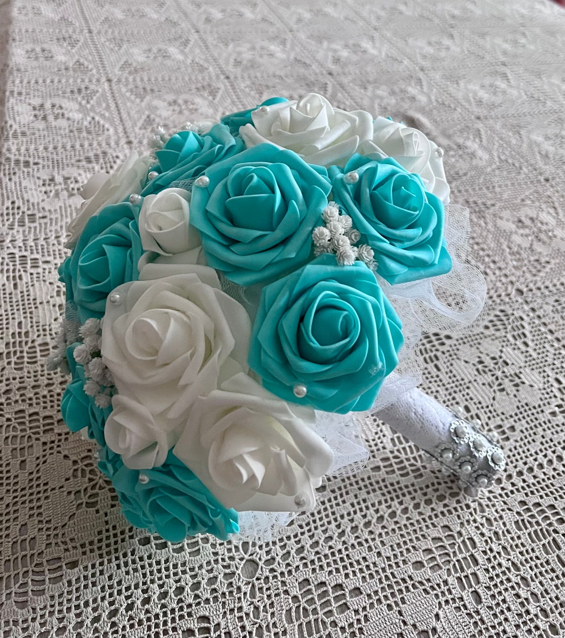 11 Pearl Bridal bouquet Turquoise Aqua Tiff Blue real touch image 1