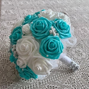 11” Pearl Bridal bouquet Turquoise Aqua Tiff Blue, real touch roses, pearls Bridesmaid Wedding Party