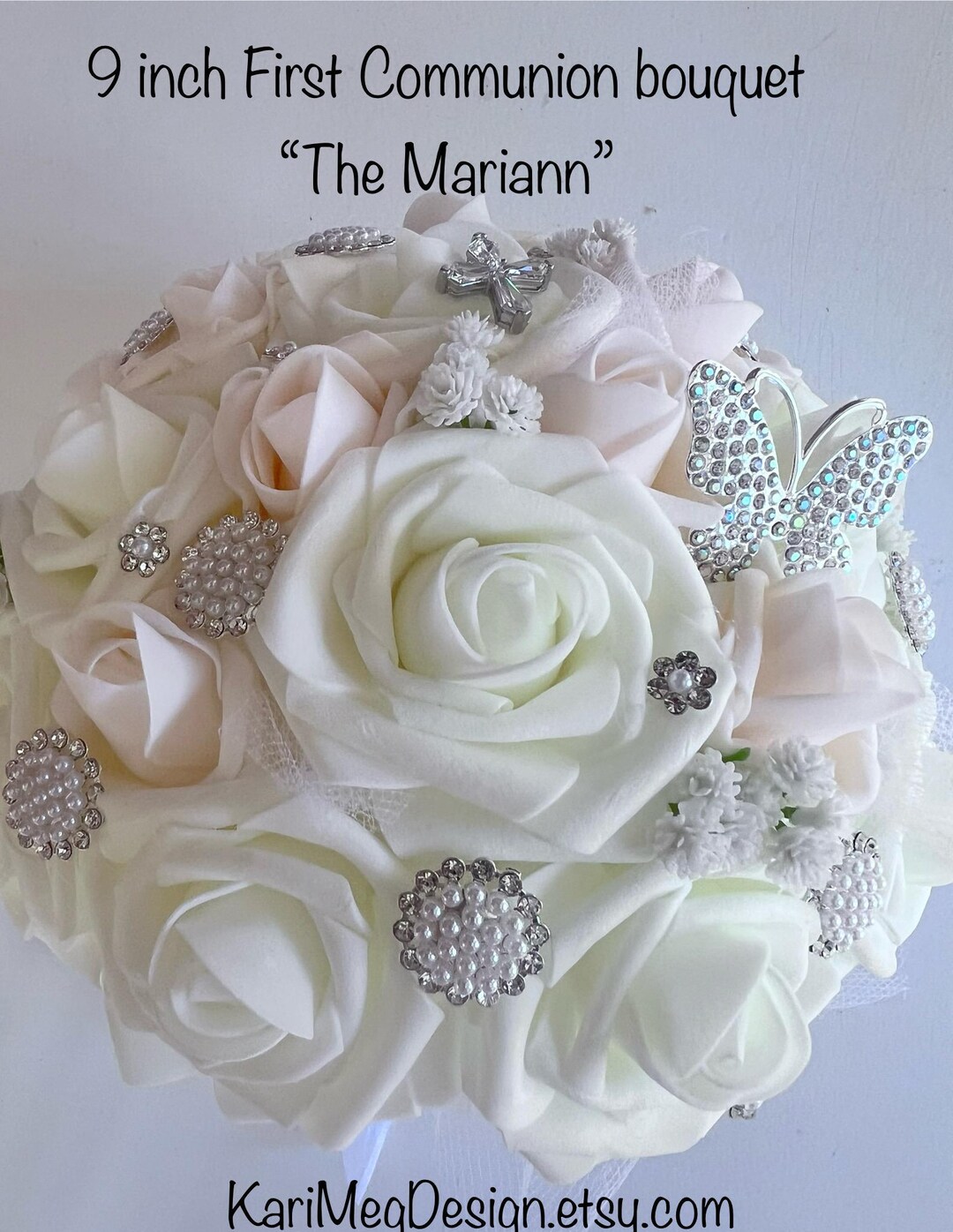 First Communion Brooch First Holy Communion Bouquet, 9 Inch Ivory Real Touch Roses Blush Pink ...