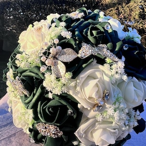 Emerald Green and Ivory 11 inch Bouquet, Brides Bouquet, Quinceanera Bouquet, real touch roses, butterfly bouquet, gold brooch bouquet