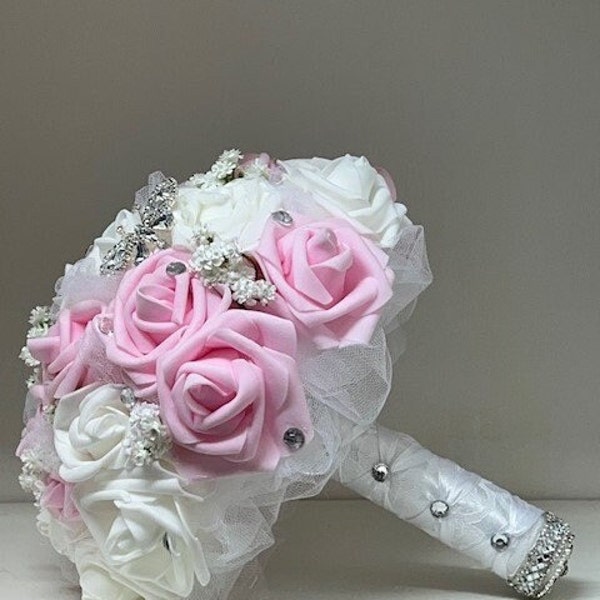 White and Pink Communion 9 inch bouquet, babys breath and butterfly, real touch roses, bridesmaid, Quince bouquet