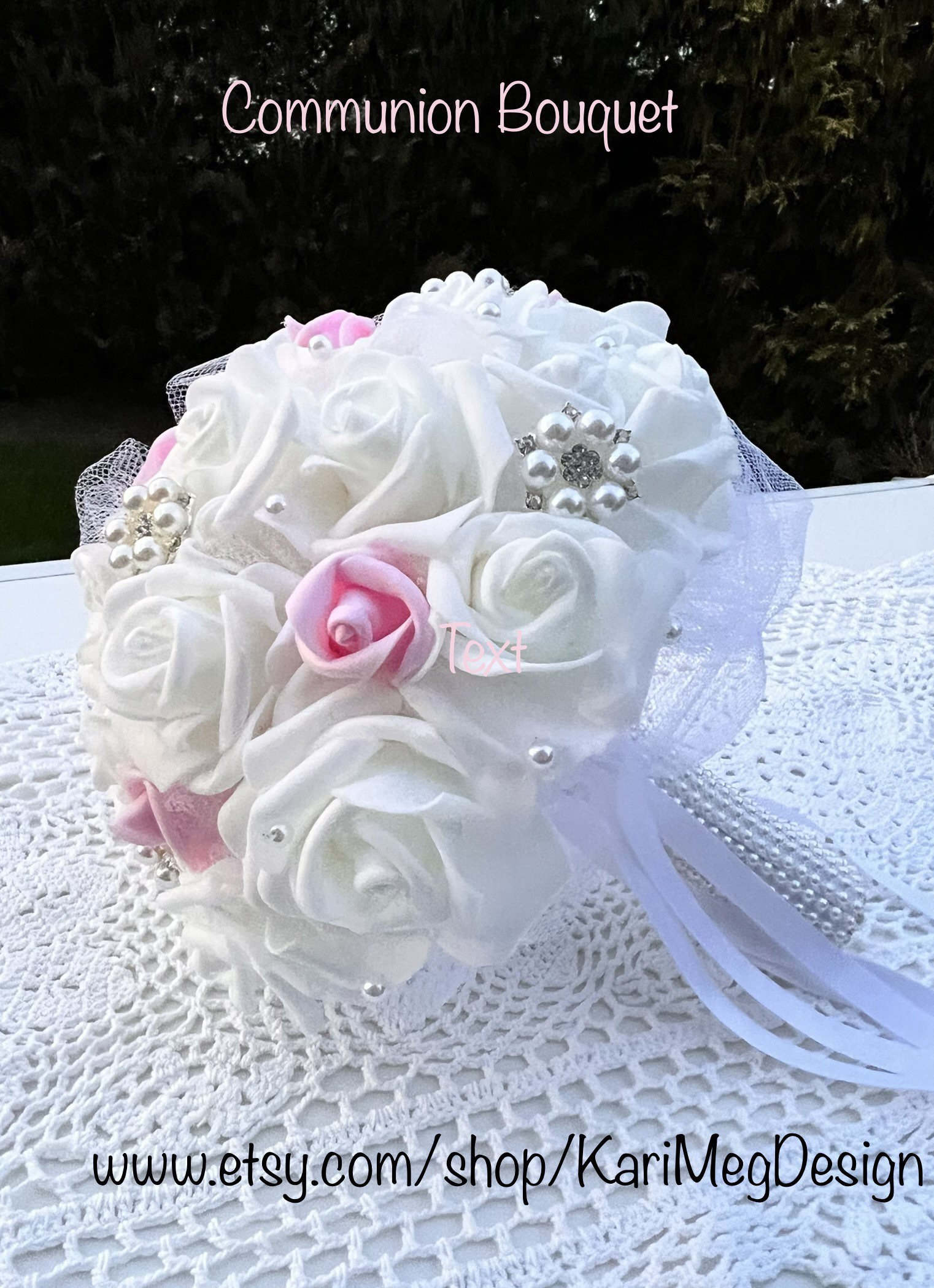 First Communion Brooch 1st Holy Communion White 9 In. Brooch Bouquet Pink Rosebuds, Real Touch ...