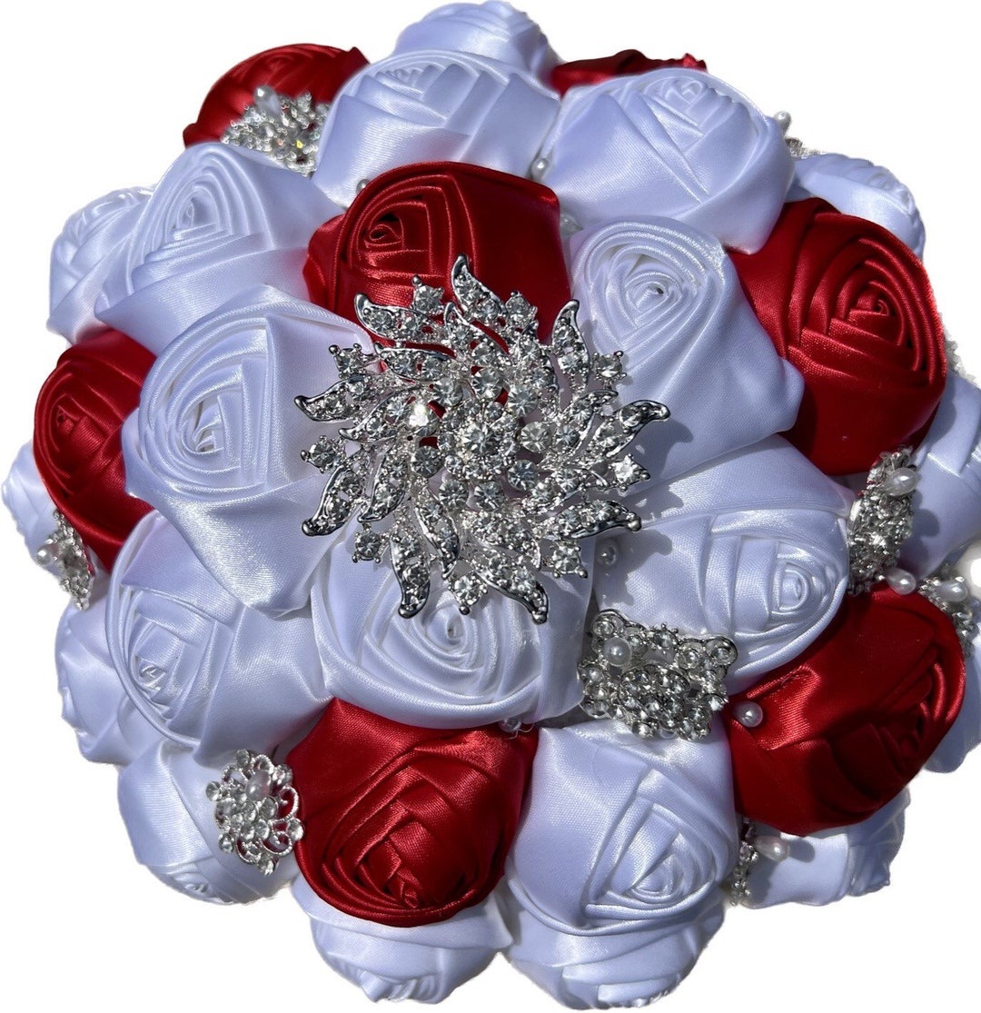 Crimson Red and White Satin Ribbon Rose Bouquet, 10 Large Center Brooch ...