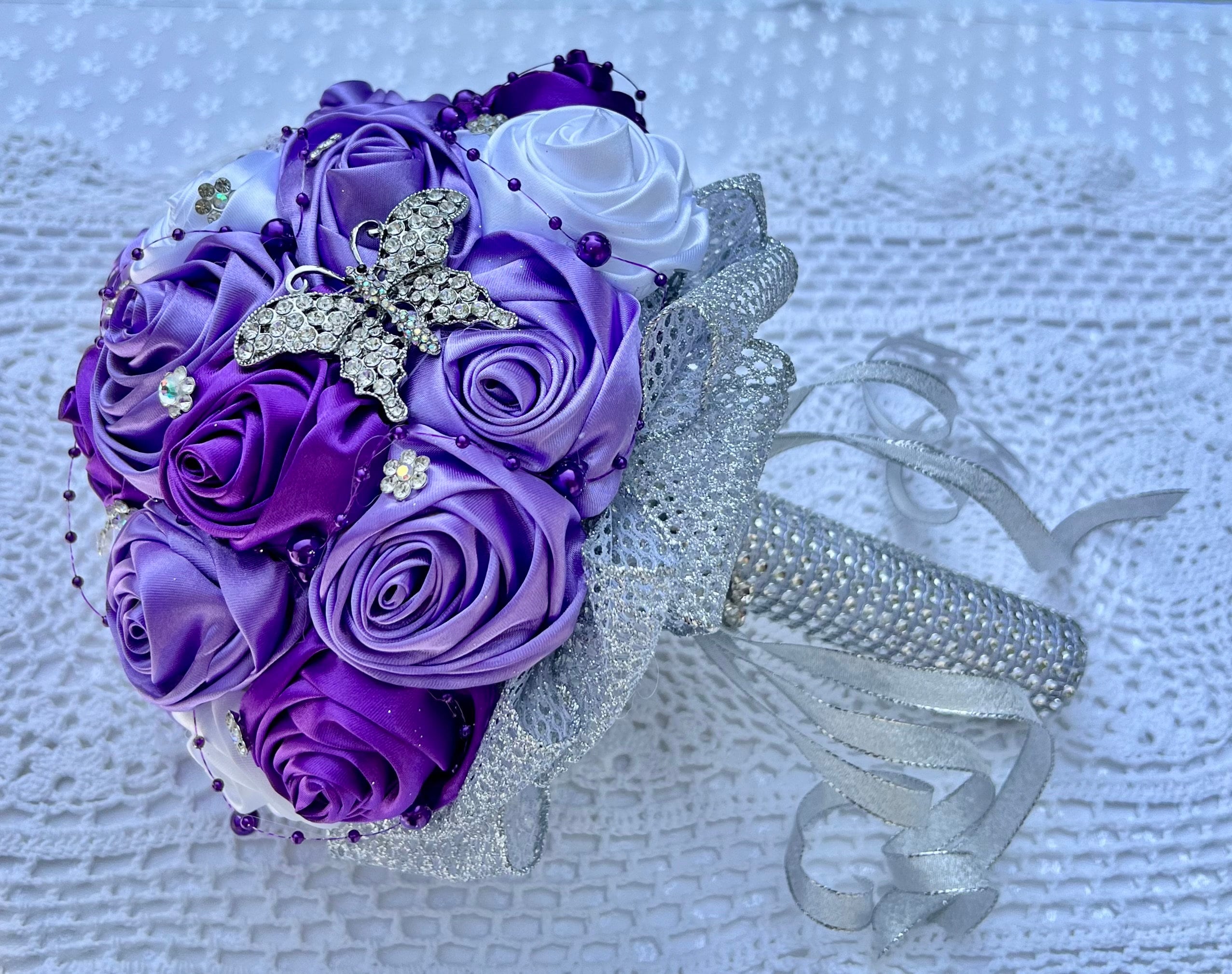 Purple Silver Bouquet Set Headpiece for Bride or Quinceanera With  Butterflies and Crystals 
