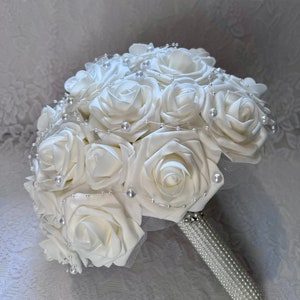 White Bridal Bouquet, 12", pearl garland, pearl handle, pearl brooch, real touch roses, Destination Wedding, artificial bouquet, keepsake