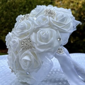Bride's White Bling Brooch Bouquet, 11 in. artificial real touch roses, crystals, rhinestone brooches, white rose bridal bouquet, crystals