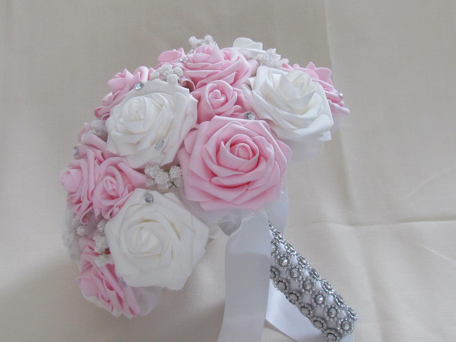 First Communion Bouquet White and Pink Real Touch Roses 9 Inch ...