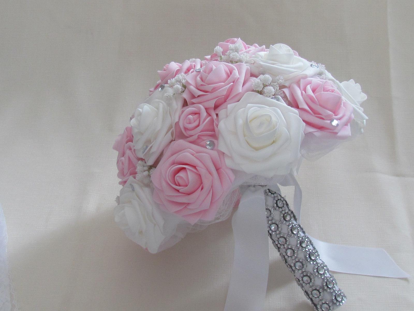 First Communion Bouquet White and Pink Real Touch Roses 9 Inch ...