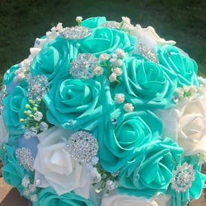 Brooch Bridal bouquet 11" Turquoise Aqua, Robins, Egg blue, beach Wedding flowers, bridesmaid flowers, Quinceanera, real touch roses, Tiff