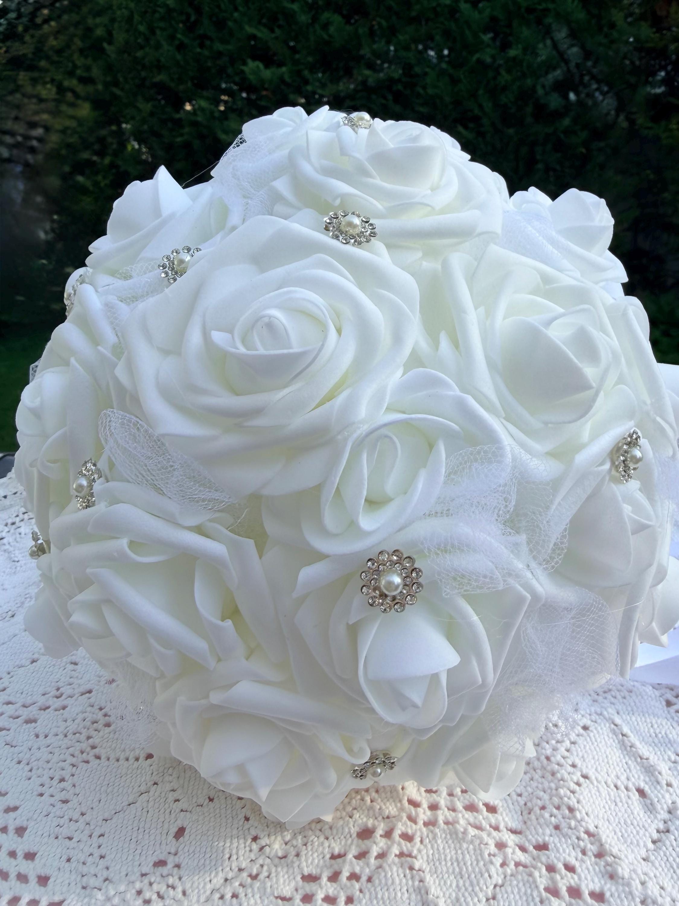 All White First Holy Communion 9 Inch Bouquet, Pearl and Crystal