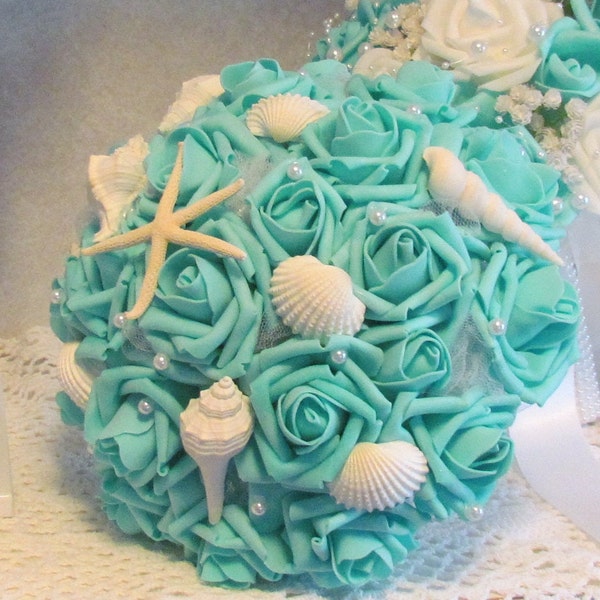 9” SeaShell bouquet, Beach summer bouquet, Aqua real touch roses, pearls, shells, starfish, turquoise, tiff blue, Bridesmaid, Flower Girl