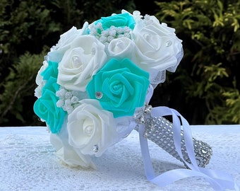 Wedding Bouquets Lace butterflies with diamante Tiffany Blue and
