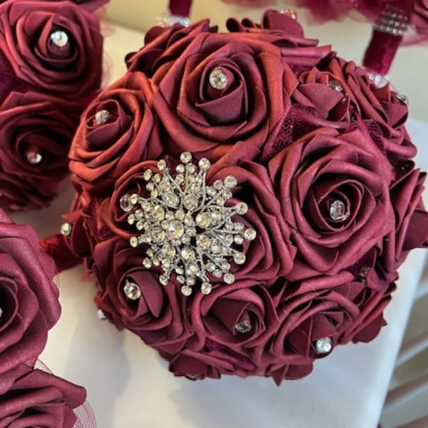 Burgundy brooch bouquet, Quince bouquet, Bridesmaid bouquet, bling bouquet, real touch roses, Prom, XI