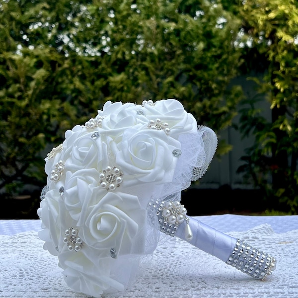 All white Communion bouquet l 9 inch bouquet l real touch roses l Pearl Bridal BouquetPearl and rhinestone handle