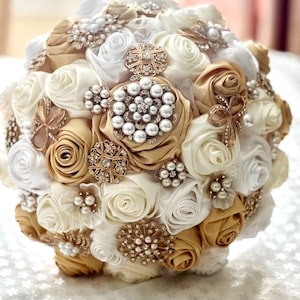 Gold White Ivory 10&quot; Satin Rose Brooch bouquet, gold bridal bouquet, bridesmaid bouquet, hand rolled satin roses, gold brooch