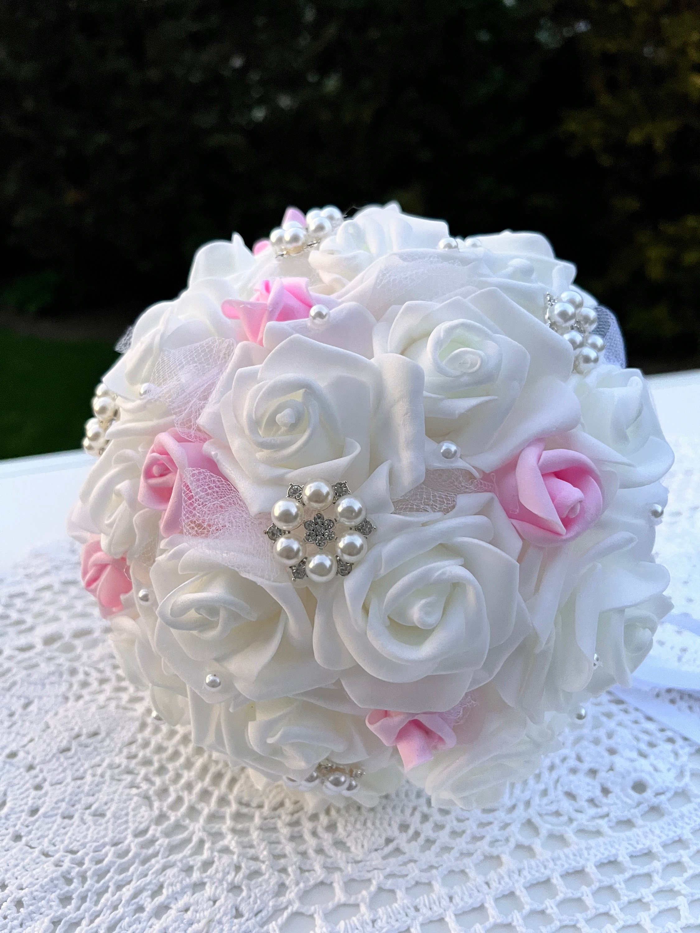 First Communion Brooch 1st Holy Communion White 9 In. Brooch Bouquet Pink Rosebuds, Real Touch ...