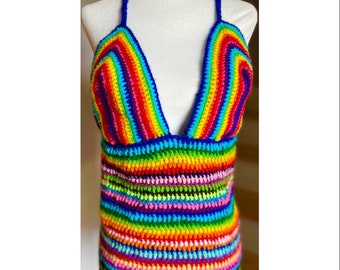 Handmade Crochet Rainbow Mini Tank Dress