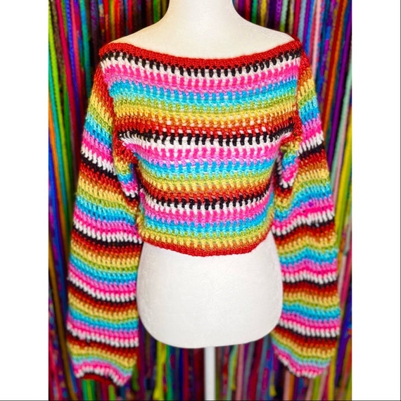 Handmade Crochet Rainbow Striped Bolero Long Sleeve Crop Top - Main Image