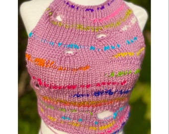 Handmade Knitted Pink & Rainbow Halter Top