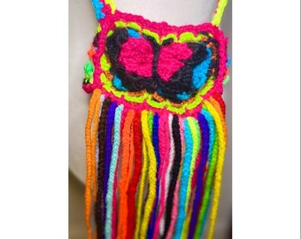 New Handmade Crochet Rainbow Butterfly Mini Purse with Fringes & Button Clasp