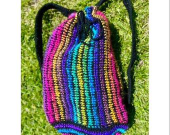 Handmade Crochet Rainbow & Black Drawstring Backpack