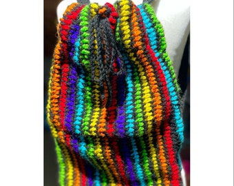 Handmade Crochet Rainbow & Black Striped Drawstring Backpack