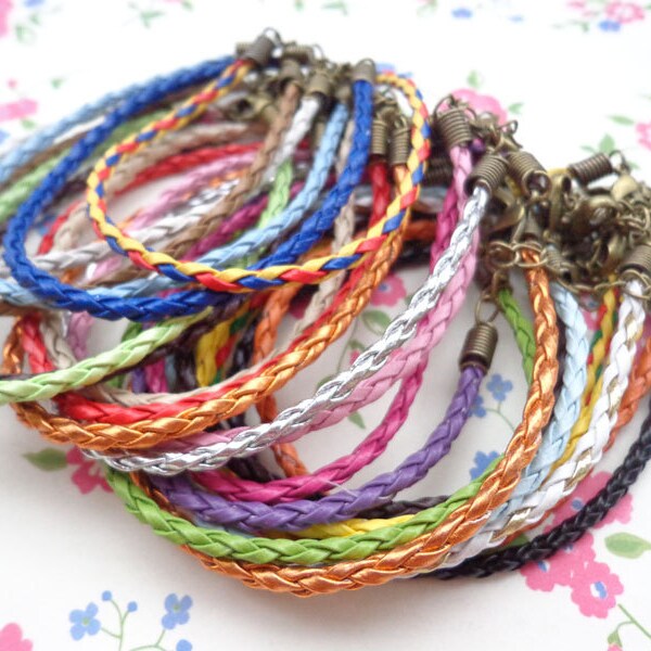 20pcs 3mm 7 -9 inch adjustable assorted(20colors) faux braided leather bracelet with bronze fitting