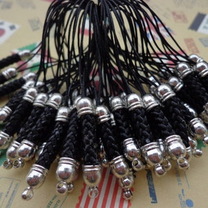 Cell Phone Strap Lanyard--20 pcs 70x5mm Black  Lariat Lanyard Mobile Cell Phone Strap Chains Connectors With Silver  Metal Top