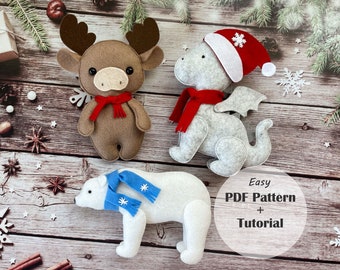 Christmas Ornaments PDF Pattern, Felt Bear, Moose, Dragon, Sewing Tutorial