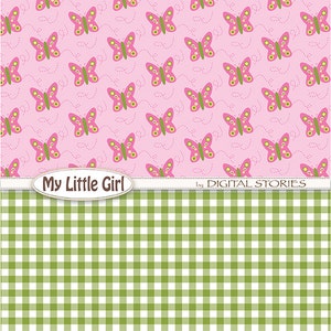 Baby Girl Digital Paper: MY LITTLE GIRL Green Pink Yellow Birds, Mushrooms, Butterfies for scrapbooking, invites, cards image 2