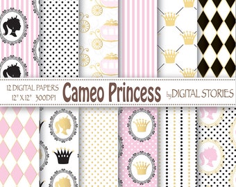 Princess Digital Paper: "CAMEO PRINCESS" Baby Girl, Princess Scrapbooking Digital Pack in Pink Black Gold for birthday, invites