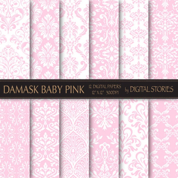 Damask Digital Paper: "DAMASK BABY PINK" digital paper with vintage elements in pink patterns for scrapbooking, invites