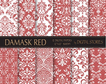 Damask Digital Paper: "DAMASK RED" scrapbook digital paper with vintage elements in red for scrapbooking, invites,cards