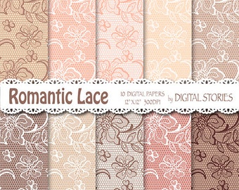 Lace digital paper: "LACE ROMANTIC PEACH" Peach Beige Wedding Vintage Lace for scrapbooking, invites, cards