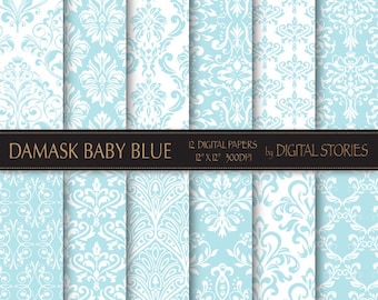 Damask Digital Paper: "DAMASK BABY BLUE" digital paper with vintage elements in blue patterns for scrapbooking, invites