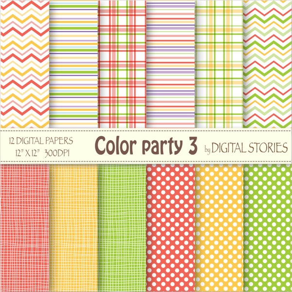 Chevron Plaid Stripes Dots Red Green Yellow Digital Paper Pack - Color Party 3