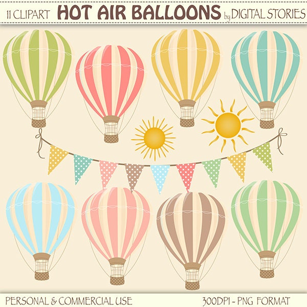 Hot Air Balloons Clipart Digital: "HOT AIR BALLOONS" with bunting banner, sun clipart, for Birthday Party, Invites, Cards