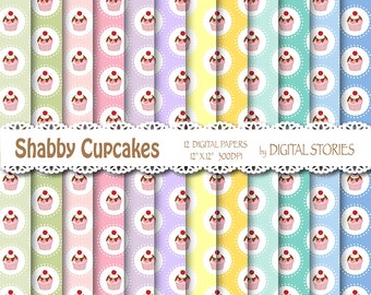 Shabby Chic Digital Paper: "SHABBY CHIC CUPCAKES" Shabby chic background with cupcakes for scrapbooking, invites, cards